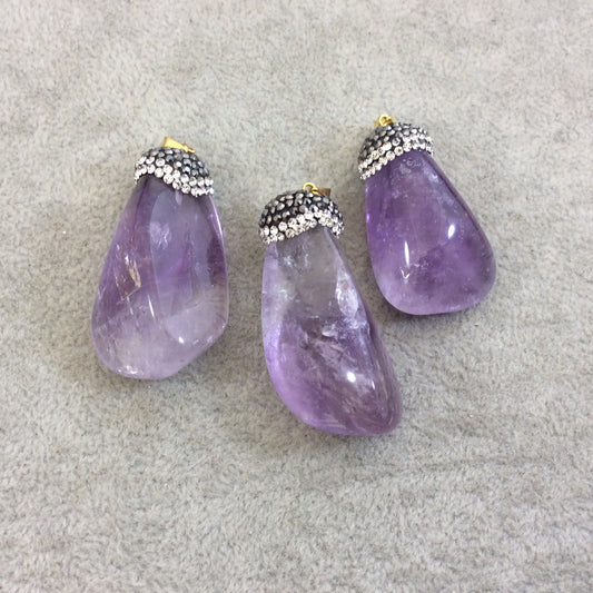 Rhinestone Encrusted Smooth Natural Amethyst Nugget Pendant with Attached Bail - Measuring 35-40mm Long, Approx. - Sold Individually, Random