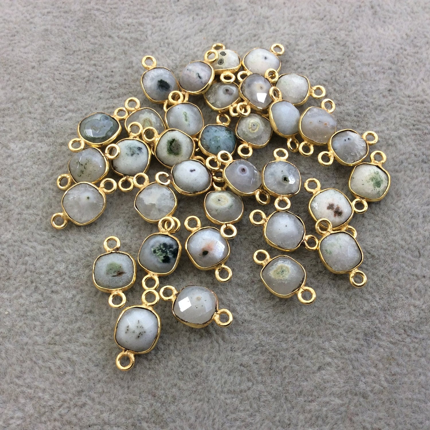 Gold Plated Faceted Natural White/Green Solar Quartz Square Shaped Bezel Connector - Measuring 8mm x 8mm - Sold Individually, RANDOM