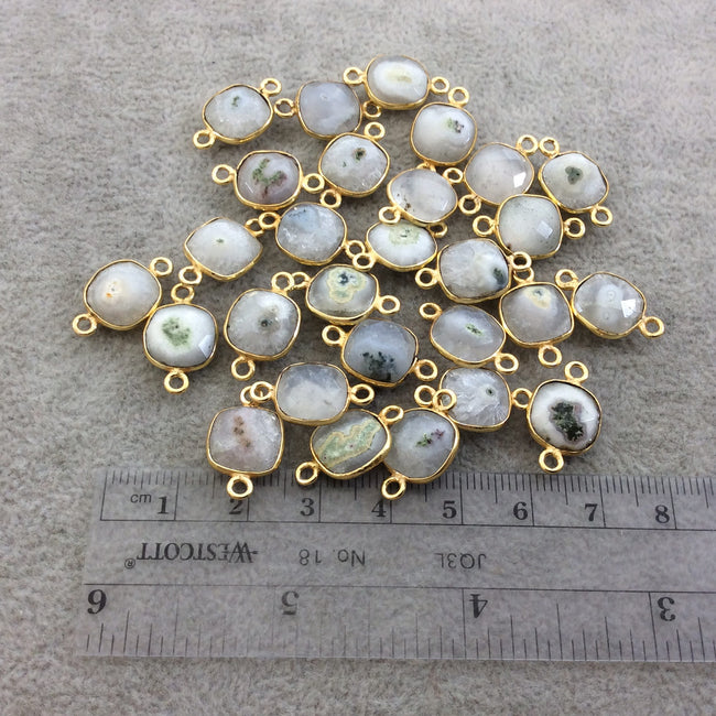 Gold Plated Faceted Natural White/Green Solar Quartz Square Shaped Bezel Connector - Measuring 10mm x 10mm - Sold Individually, RANDOM