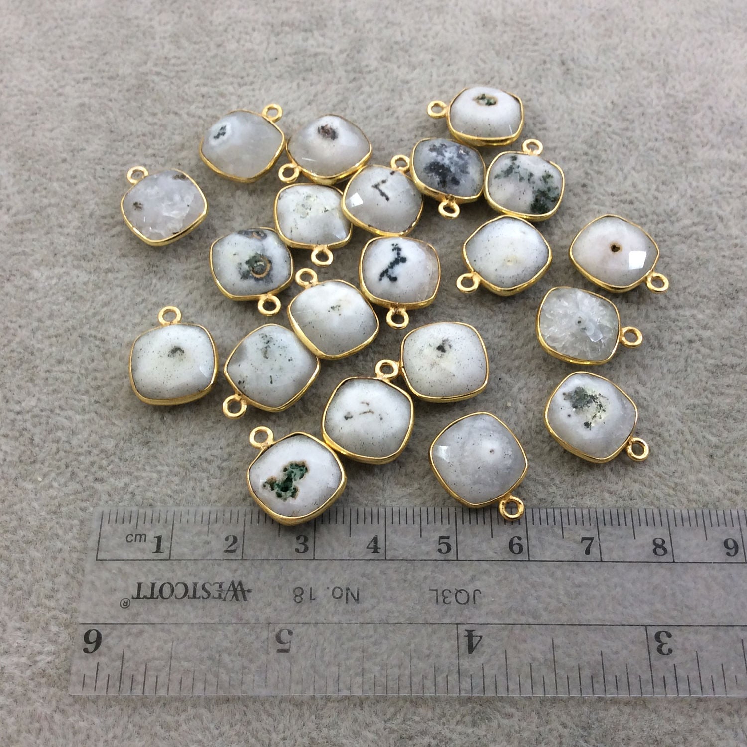 Gold Plated Faceted Natural White/Green Solar Quartz Square Shaped Bezel Pendant - Measuring 12mm x 12mm - Sold Individually, RANDOM