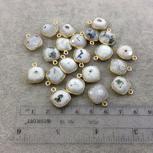 Gold Plated Faceted Natural White/Green Solar Quartz Square Shaped Bezel Pendant - Measuring 12mm x 12mm - Sold Individually, RANDOM