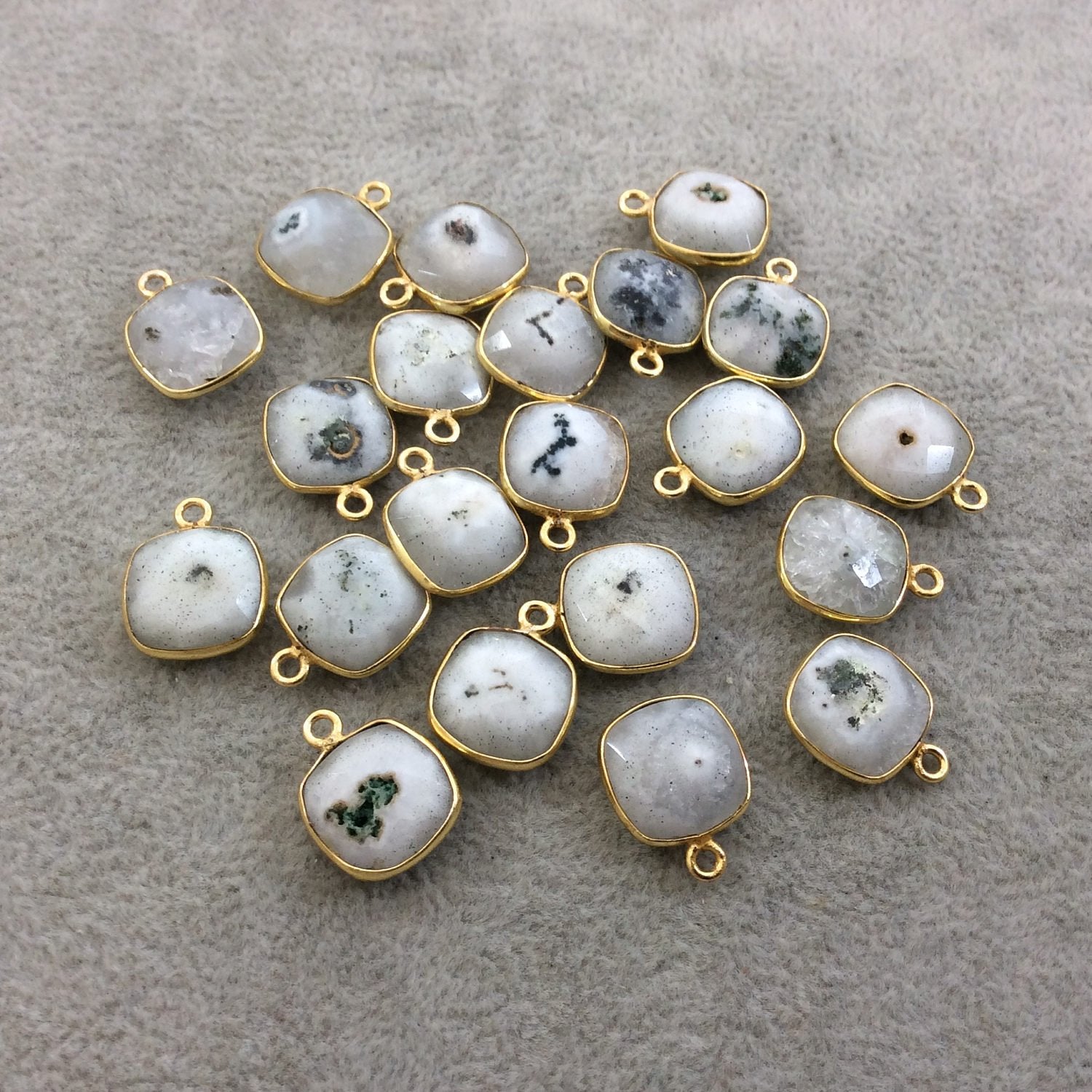 Gold Plated Faceted Natural White/Green Solar Quartz Square Shaped Bezel Pendant - Measuring 12mm x 12mm - Sold Individually, RANDOM