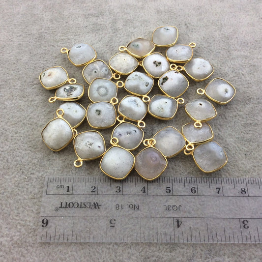White Green Solar Quartz Bezel | Gold Plated Faceted Natural Diamond Shaped Pendant - Measuring 12mm x 12mm - Sold Individually, RANDOM