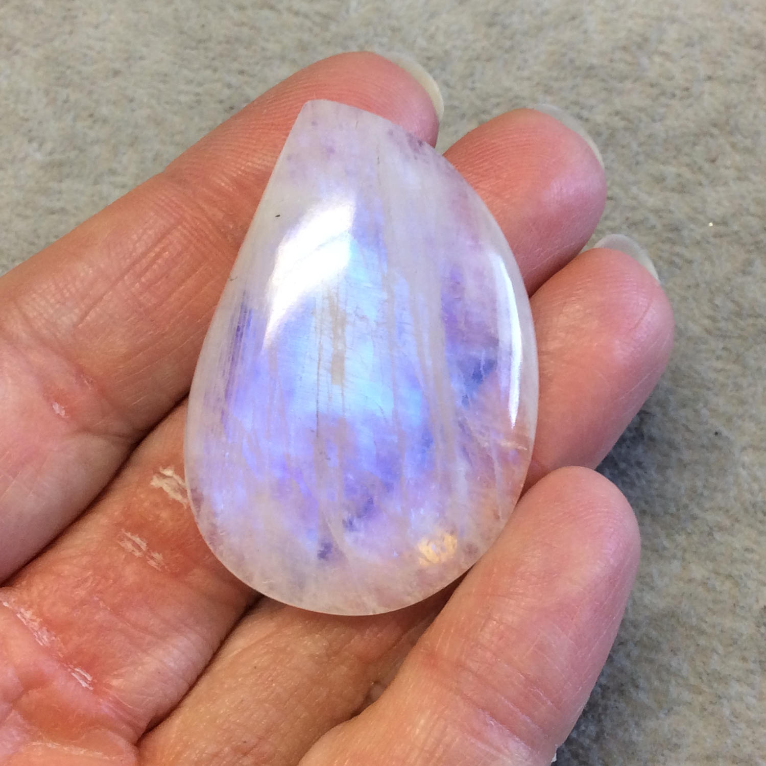 OOAK Single AAA Curved Tear Shaped Blue Moonstone Flat Back Cabochon - Measuring 31mm x 46mm, 9mm Dome Height - Gemstone Cab (Batch B)