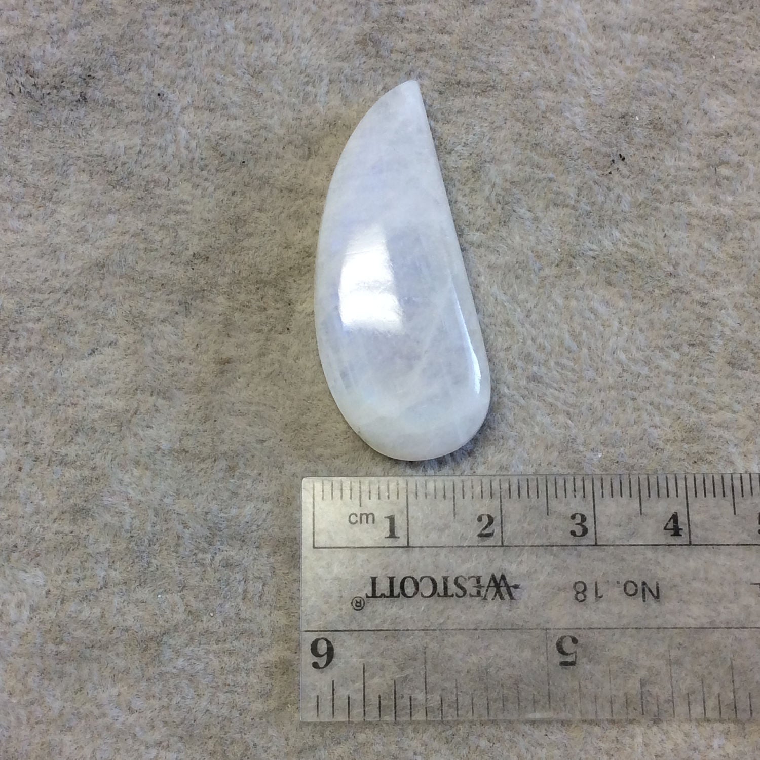 OOAK Single AAA Curved Tear Shaped Rainbow Moonstone Flat Back Cabochon - Measuring 18mm x 44mm, 7.5mm Dome Height - Gemstone Cab (Batch B)