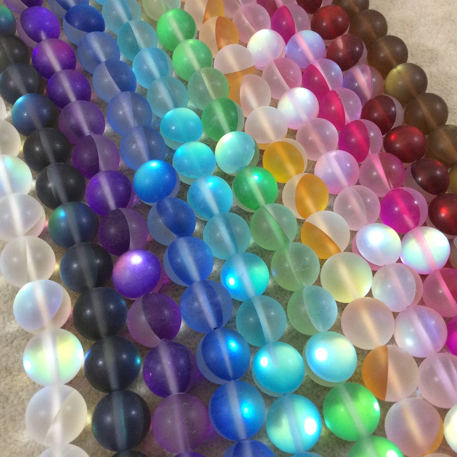 8mm Matte Frosted Bright Green Moonlight Glass Crystal Round/Ball Shaped Beads - 15.25" Strand (Approx. 49 Beads) - Synthetic Moonstone