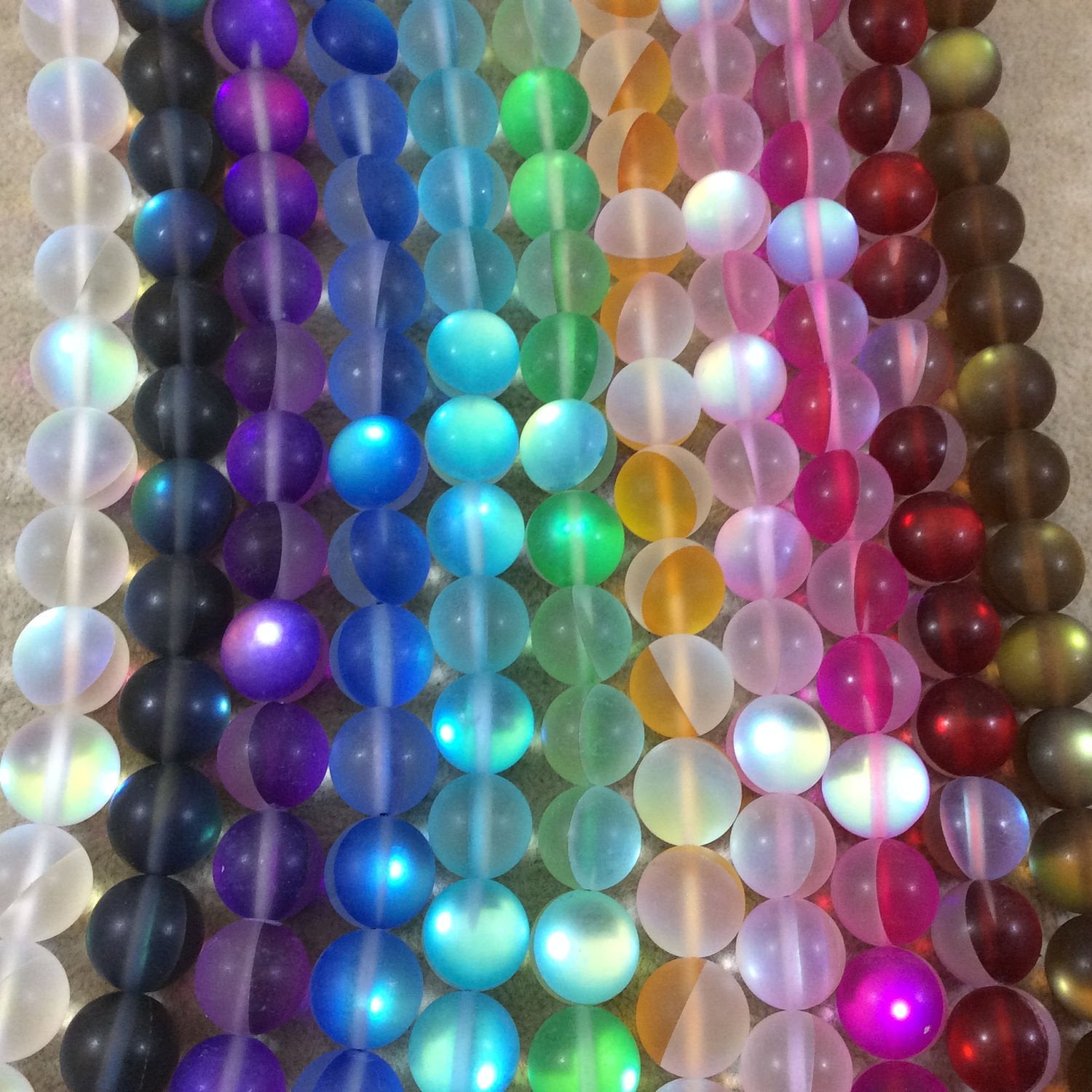 8mm Matte Frosted Bright Green Moonlight Glass Crystal Round/Ball Shaped Beads - 15.25" Strand (Approx. 49 Beads) - Synthetic Moonstone