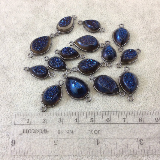 Gunmetal Plated Deep Blue Titanium Druzy Agate Freeform Teardrop Shaped Bezel Connector - Measuring 14-18mm, Approx. - Individual, Random
