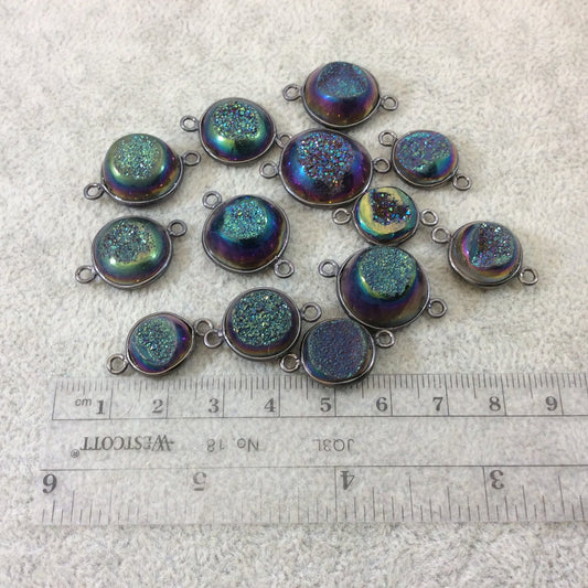 Gunmetal Plated Rainbow Titanium Druzy Agate Freeform Round Shaped Bezel Connector - Measuring 12-14mm, Approx. - Individual, Random