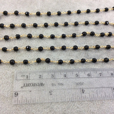 Gold Plated Copper Wrapped Rosary Chain with 4mm Faceted Natural Jet Black Agate Round/Ball Beads - Sold by 1' Cut Sections or in Bulk!