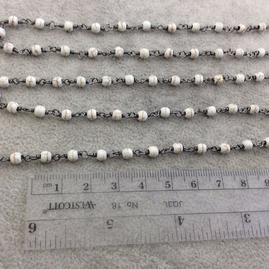 Gunmetal Plated Copper Wrapped Rosary Chain with 4mm Smooth Natural Veined Howlite Round Shaped Beads - Sold by 1' Cut Sections or in Bulk!