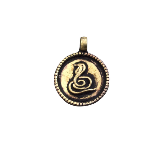 1" Oxidised Gold-Plated Rustic Cast Cobra/Snake Icon Copper Round/Coin/Disc Pendant with Attached Ring  - 22mm Diameter, Approximately