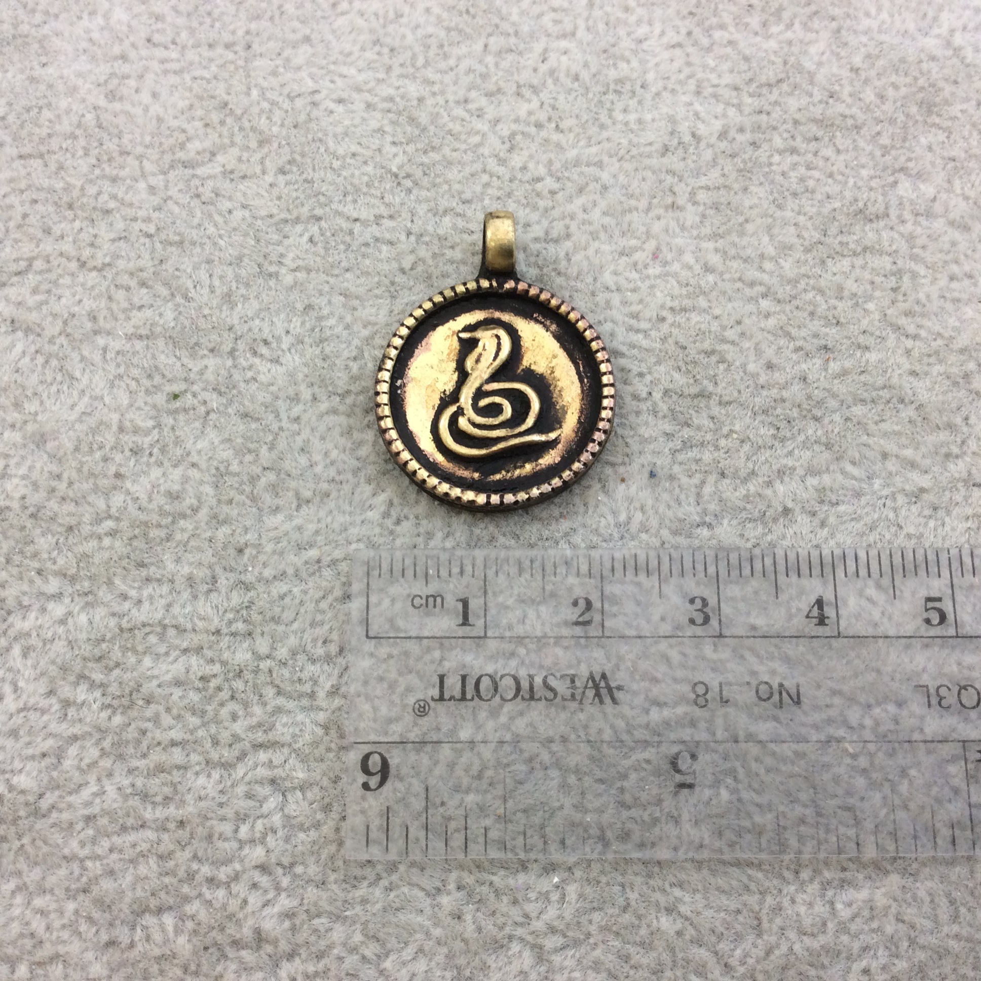 1" Oxidized Gold Plated Rustic Cast Cobra/Snake Icon Copper Round/Coin/Disc Pendant with Attached Ring  - 22mm Diameter, Approximately