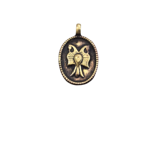 Antiqued Gold Oval Bow Pendant - Rustic Ribbon Charm with Attached Ring - Vintage 21x28mm Copper Jewelry (Oxidized Gold Plated)
