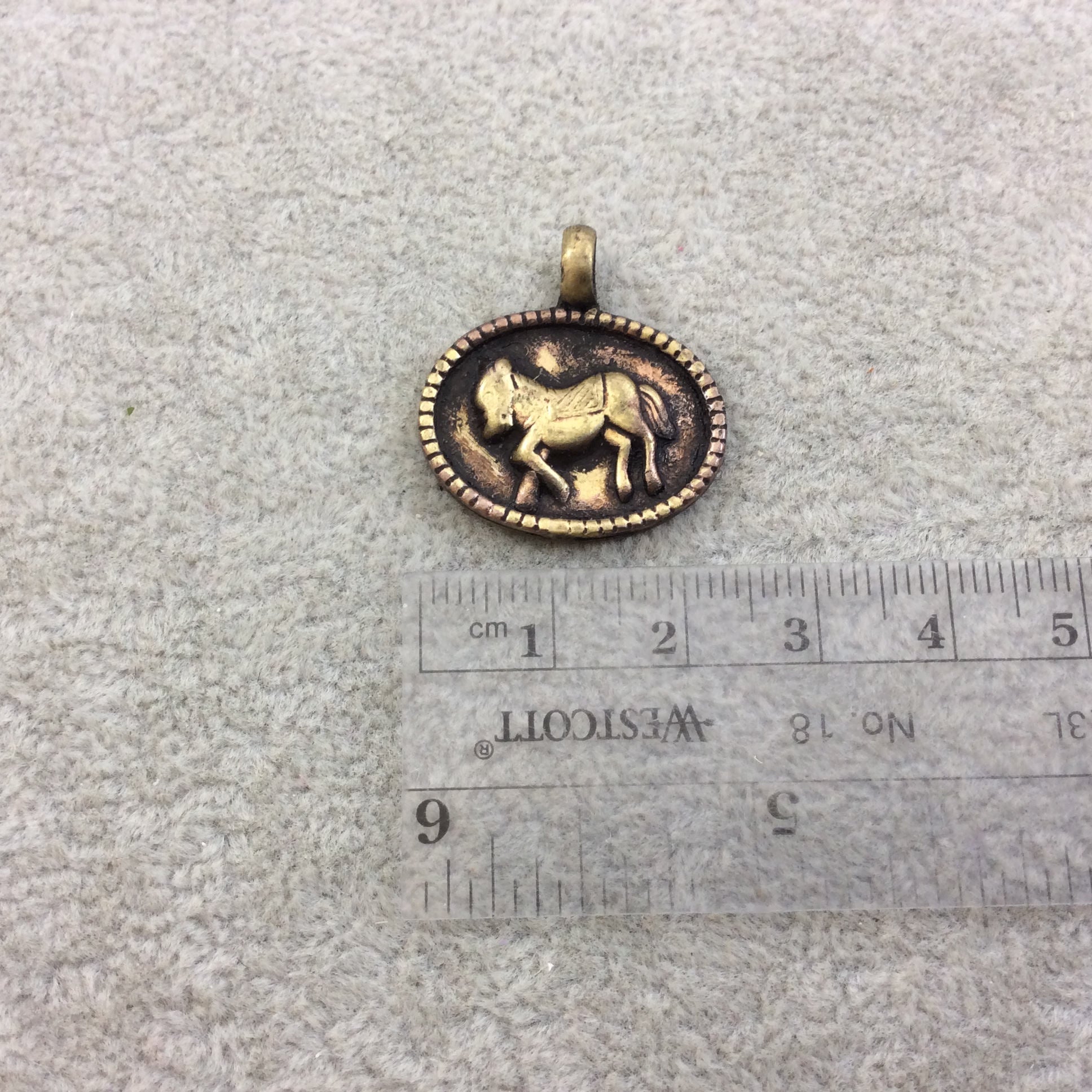 1" Oxidized Gold Plated Rustic Cast Donkey/Mule Icon Copper Oval Shaped Pendant with Attached Ring  - 19mm x 24mm, Approximately
