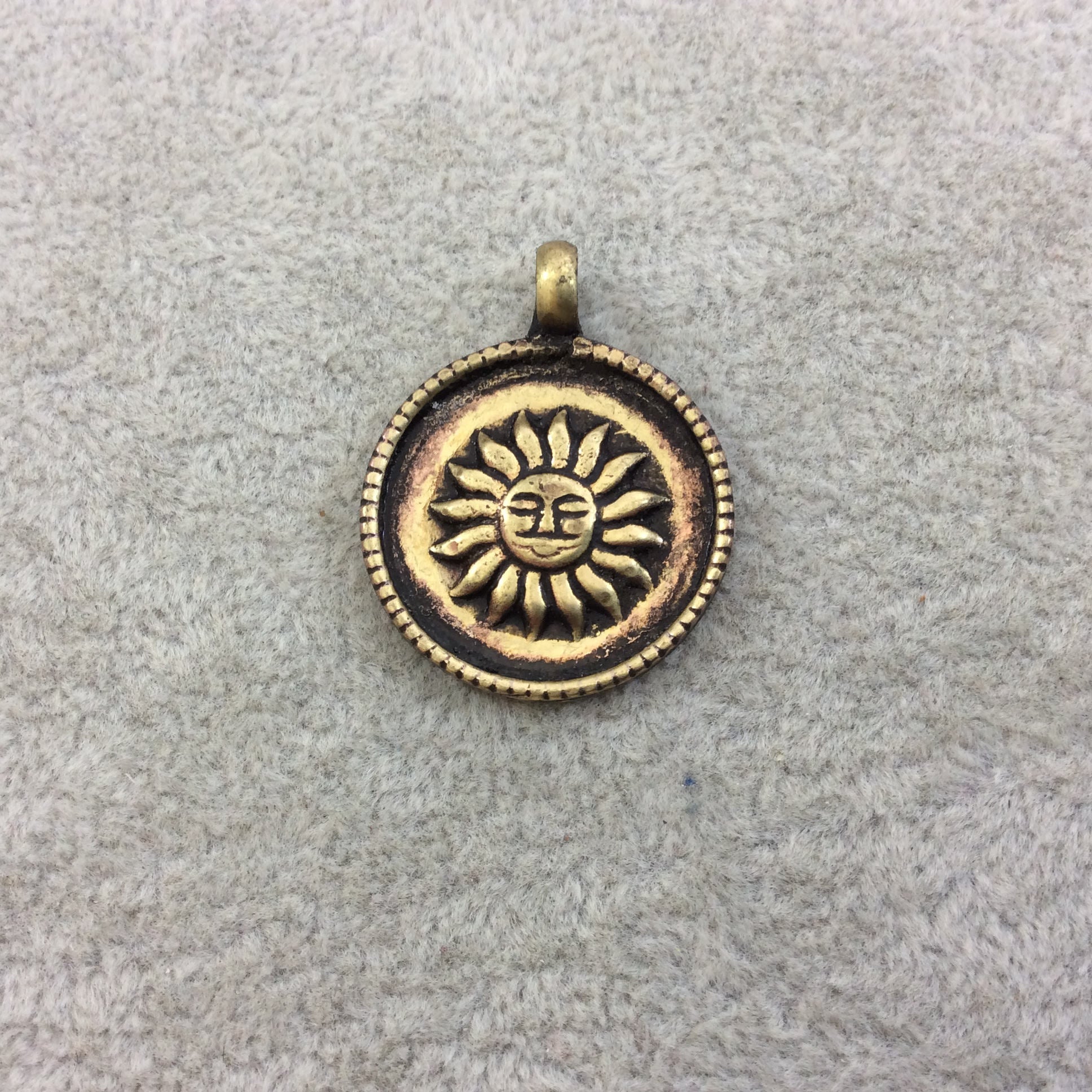 3/4" Oxidized Gold Plated Rustic Cast Sun Icon Copper Round/Coin/Disc Pendant with Attached Ring  - 20mm Diameter, Approximately