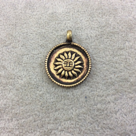 3/4" Oxidized Gold Plated Rustic Cast Sun Icon Copper Round/Coin/Disc Pendant with Attached Ring  - 20mm Diameter, Approximately