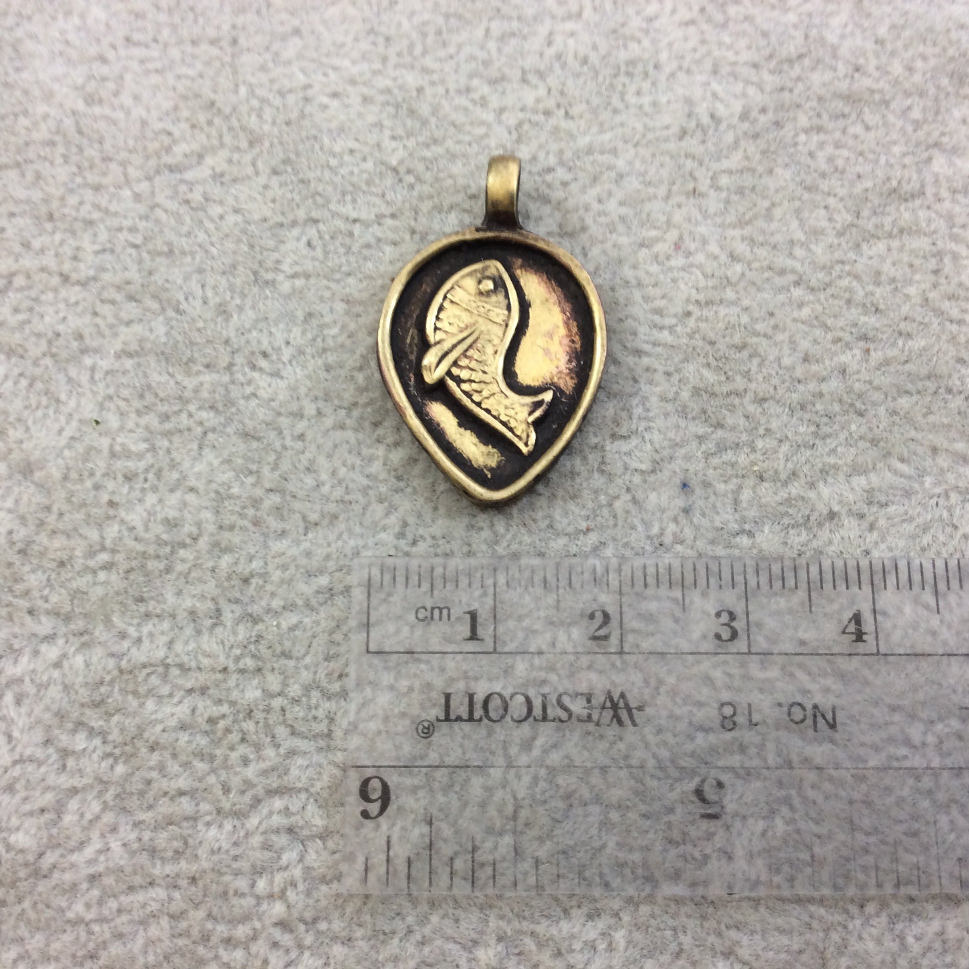 1" Oxidized Gold Plated Rustic Cast Fish Icon Copper Inverted Teardrop Pendant with Attached Ring  - 19mmx  24mm, Approximately