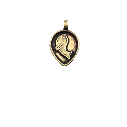 1" Oxidized Gold Plated Rustic Cast Fish Icon Copper Inverted Teardrop Pendant with Attached Ring  - 19mmx  24mm, Approximately