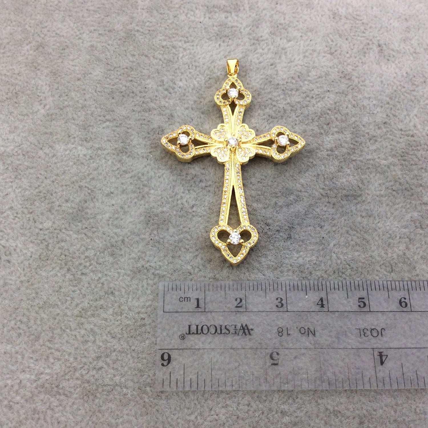 2.2" Long Gold Plated CZ Cubic Zirconia Inlaid Studded Fancy Cross Shaped Plated Copper Focal Pendant - Measuring 39mm x 56mm, Approx.
