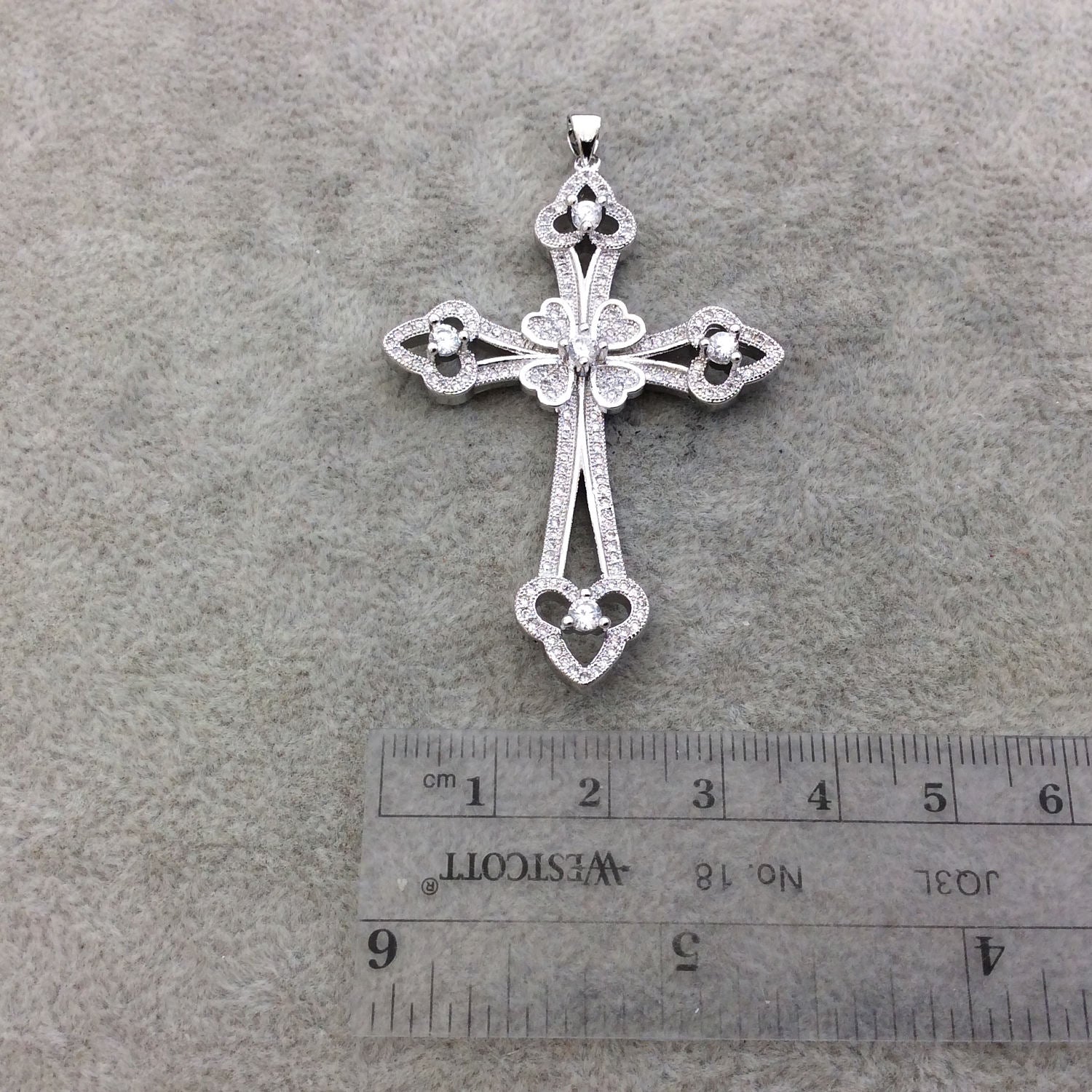 2.2" Long Silver Plated CZ Cubic Zirconia Inlaid Studded Fancy Cross Shaped Plated Copper Focal Pendant - Measuring 39mm x 56mm, Approx.