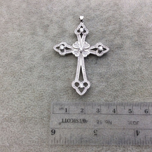 2.2" Long Silver Plated CZ Cubic Zirconia Inlaid Studded Fancy Cross Shaped Plated Copper Focal Pendant - Measuring 39mm x 56mm, Approx.