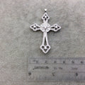 2.2" Long Silver Plated CZ Cubic Zirconia Inlaid Studded Fancy Cross Shaped Plated Copper Focal Pendant - Measuring 39mm x 56mm, Approx.