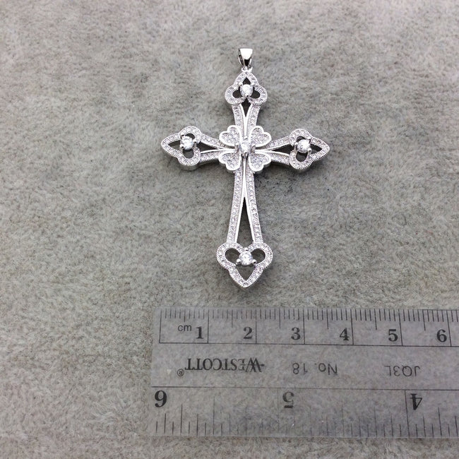 2.2" Long Silver Plated CZ Cubic Zirconia Inlaid Studded Fancy Cross Shaped Plated Copper Focal Pendant - Measuring 39mm x 56mm, Approx.