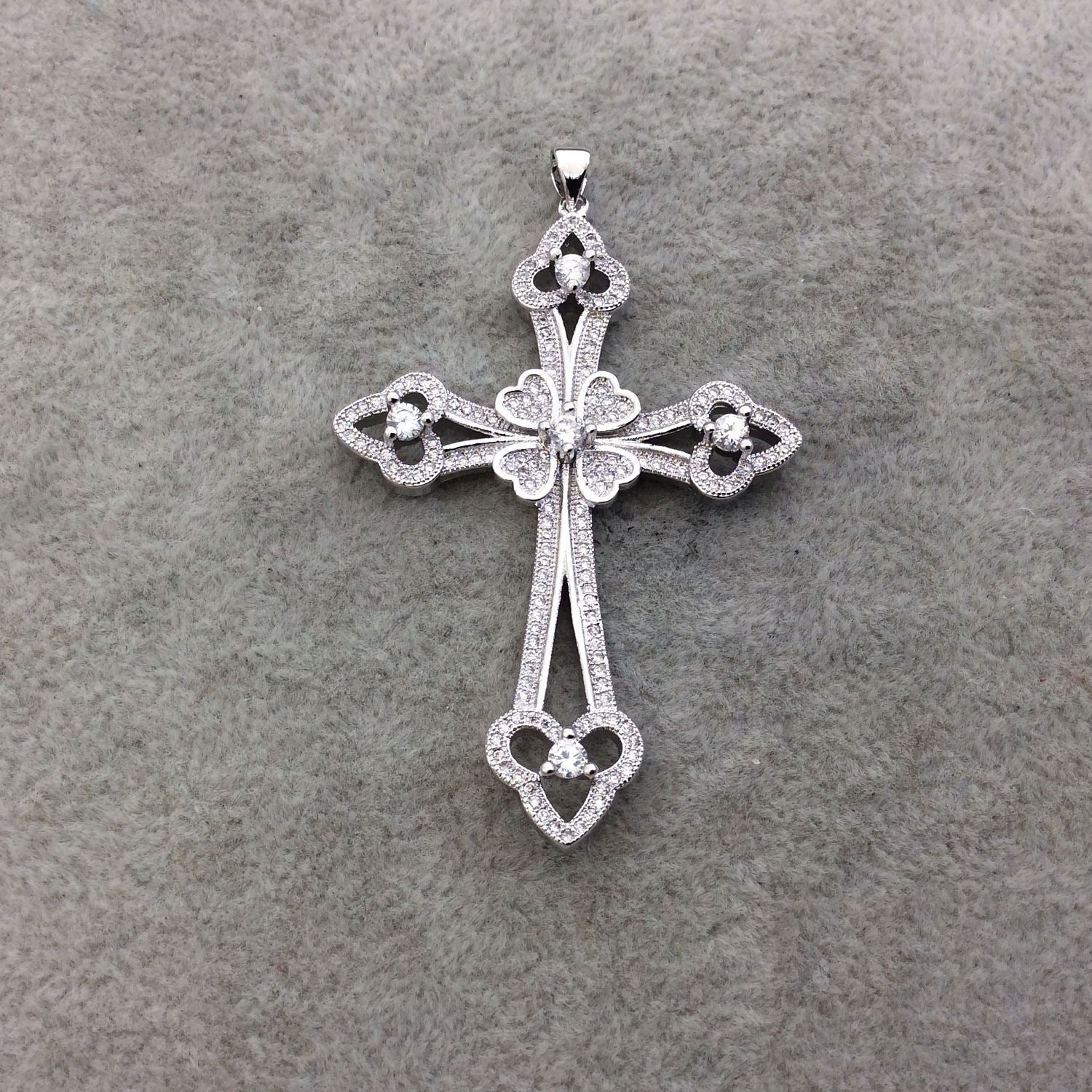 2.2" Long Silver Plated CZ Cubic Zirconia Inlaid Studded Fancy Cross Shaped Plated Copper Focal Pendant - Measuring 39mm x 56mm, Approx.