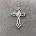 2.2" Long Silver Plated CZ Cubic Zirconia Inlaid Studded Fancy Cross Shaped Plated Copper Focal Pendant - Measuring 39mm x 56mm, Approx.