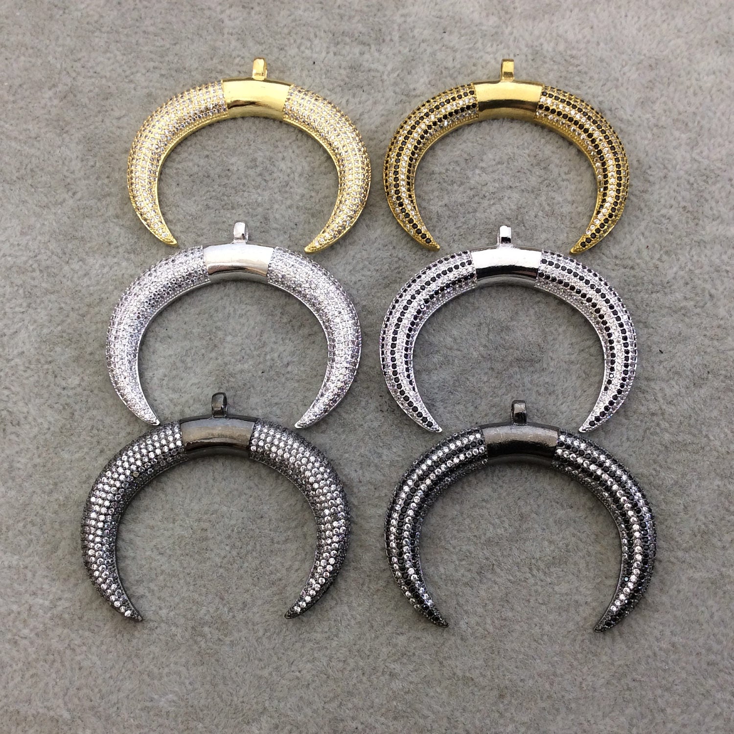Large Gold Plated Striped CZ Cubic Zirconia Crescent Shaped Copper Pendant - Measuring 45mm x 34mm  - Four Colors Available, See Related!