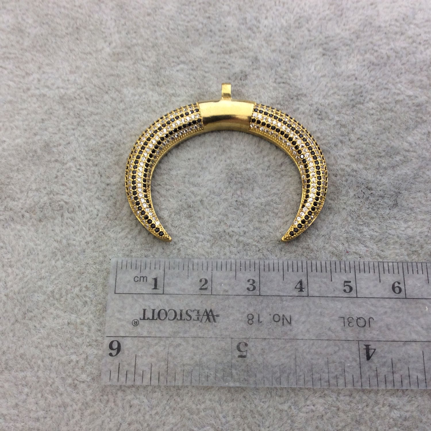 Large Gold Plated Striped CZ Cubic Zirconia Crescent Shaped Copper Pendant - Measuring 45mm x 34mm  - Four Colors Available, See Related!