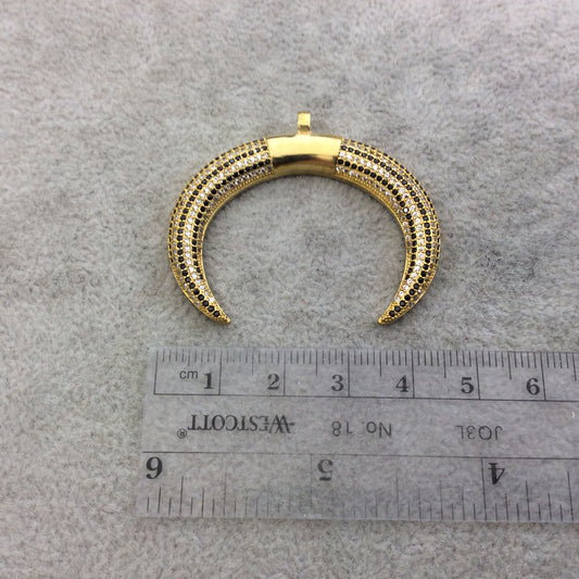 Large Gold Plated Striped CZ Cubic Zirconia Crescent Shaped Copper Pendant - Measuring 45mm x 34mm  - Four Colors Available, See Related!