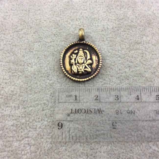 1" Oxidized Gold Plated Rustic 'Shiva' Copper Circle/Coin/Disc God/Deity Pendant with Attached Ring  - 18mm, Approximately