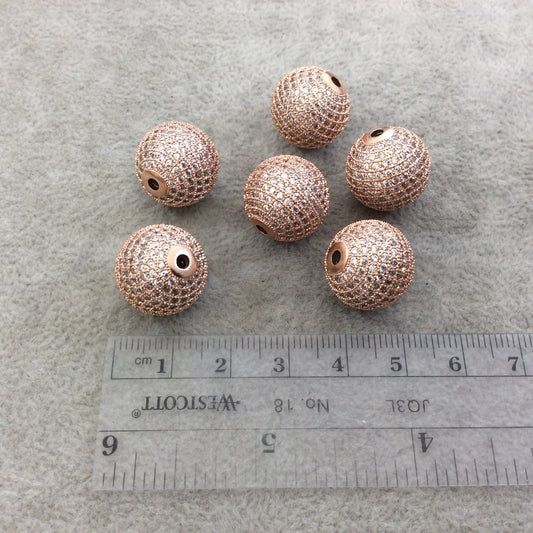 16mm Rose Gold Plated CZ Cubic Zirconia Inlaid Round/Ball Shaped Copper Bead with 2.5mm Holes - Sold Individually - Other Colors Available!