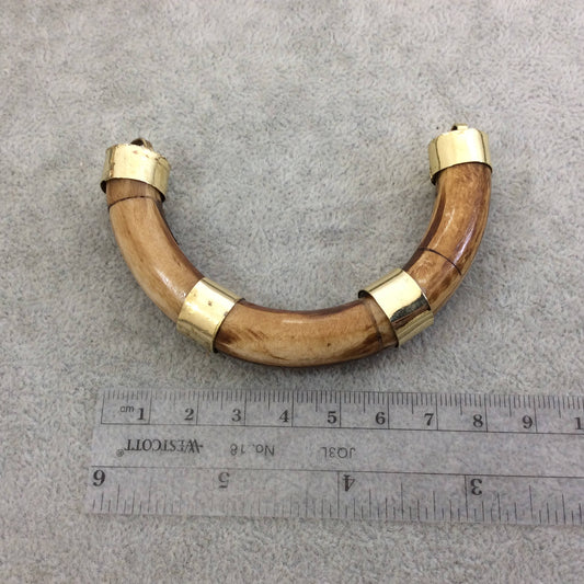 3.5" Light Brown Alternating Bail U-Shaped Crescent Natural Ox Bone Focal Pendant with Gold Brackets - Measuring 86mm x 50mm