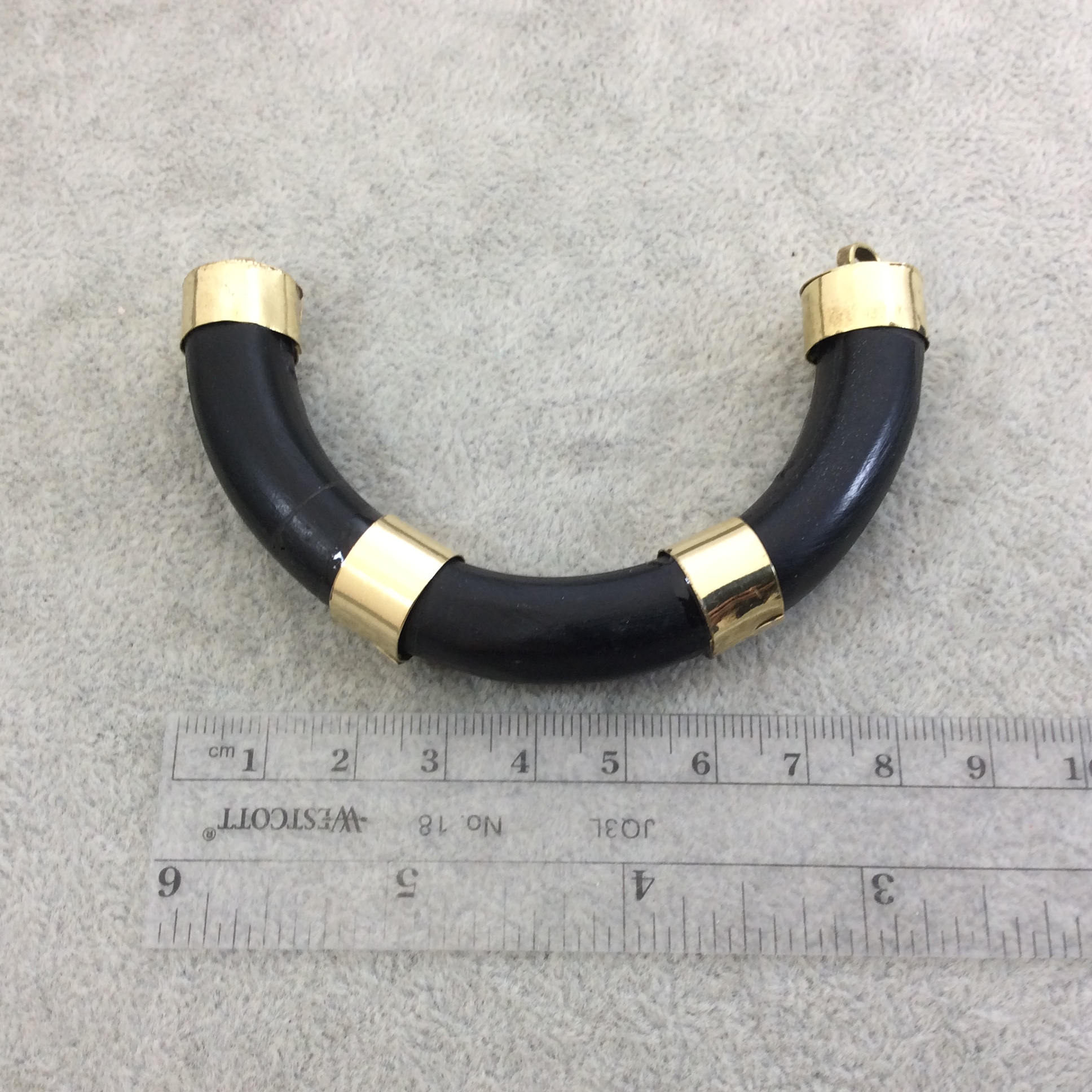 3.5" Jet Black Alternating Bail U-Shaped Crescent Natural Ox Bone Focal Pendant with Gold Brackets - Measuring 86mm x 50mm