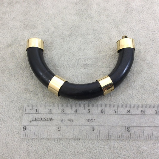 3.5" Jet Black Alternating Bail U-Shaped Crescent Natural Ox Bone Focal Pendant with Gold Brackets - Measuring 86mm x 50mm