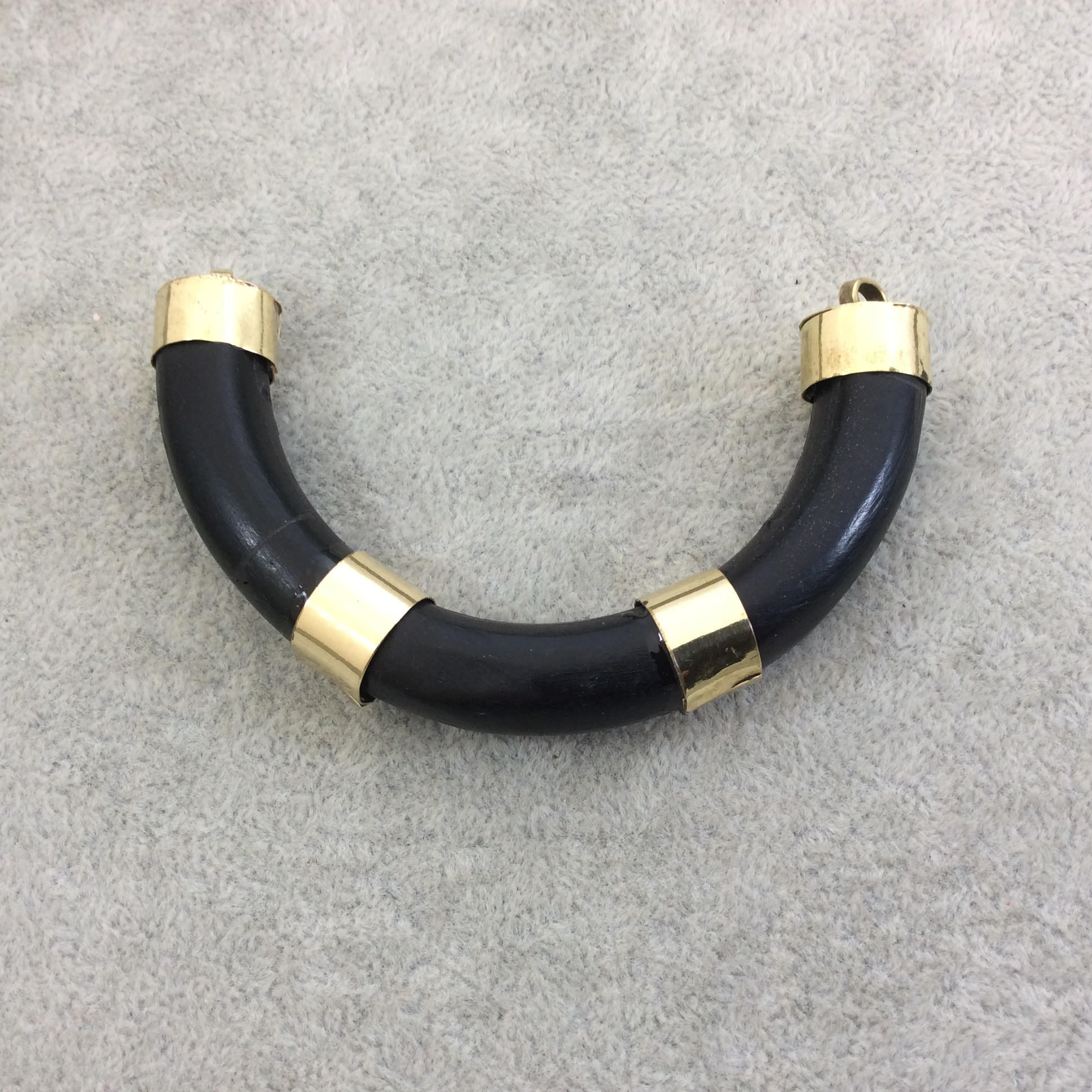 3.5" Jet Black Alternating Bail U-Shaped Crescent Natural Ox Bone Focal Pendant with Gold Brackets - Measuring 86mm x 50mm