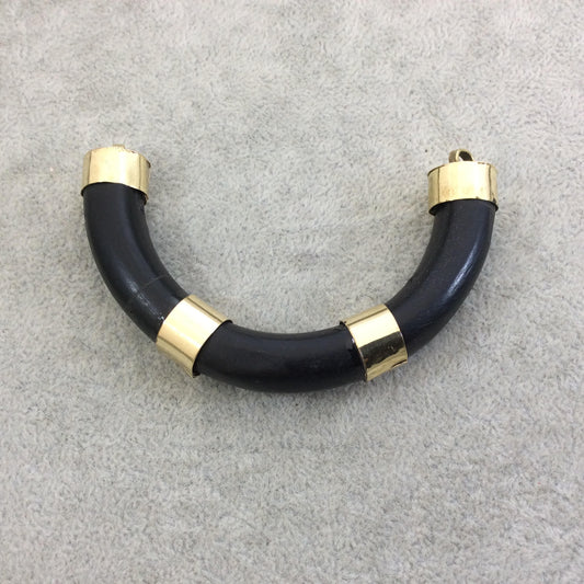 3.5" Jet Black Alternating Bail U-Shaped Crescent Natural Ox Bone Focal Pendant with Gold Brackets - Measuring 86mm x 50mm