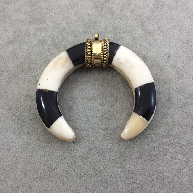 3" Black/White Thick Double Ended Crescent Shaped Natural Bone/Horn Pendant with Dotted Gold Bail - Measuring 77mm x 66mm - (TR083-BW)