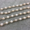 Gold Plated Copper Wrapped Rosary Chain with 6mm Matte Natural Cream River Stone Round Shaped Beads - Sold by the foot! (CH310-GD)