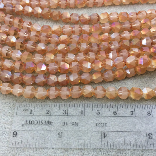 Chinese Crystal Beads | 8mm Matte Stripe Glossy Faceted Transparent AB Bicolor Peach Orange Round Glass Beads