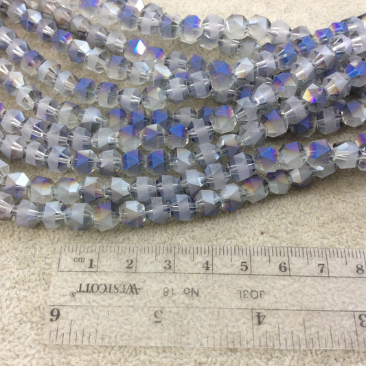 8mm Matte Stripe Glossy Faceted Trans. AB Bi-Color Gray/Blue Glass Crystal Round Beads - 12.5" Strands (Approx. 45 Beads) - (CC8MS-096C)