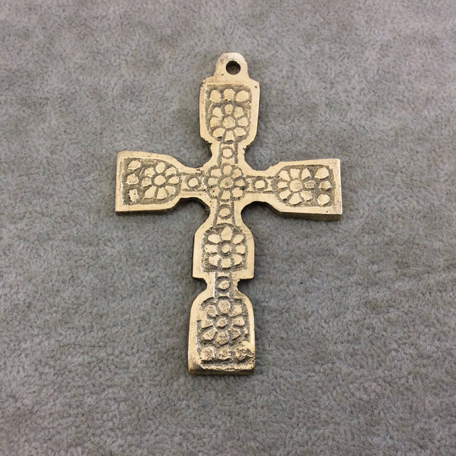 3.5" Heavy Floral Patterned Oxidized Gold Plated Brass Cross Pendant  - Measuring 59mm x 87mm, Approximately - Sold Individually