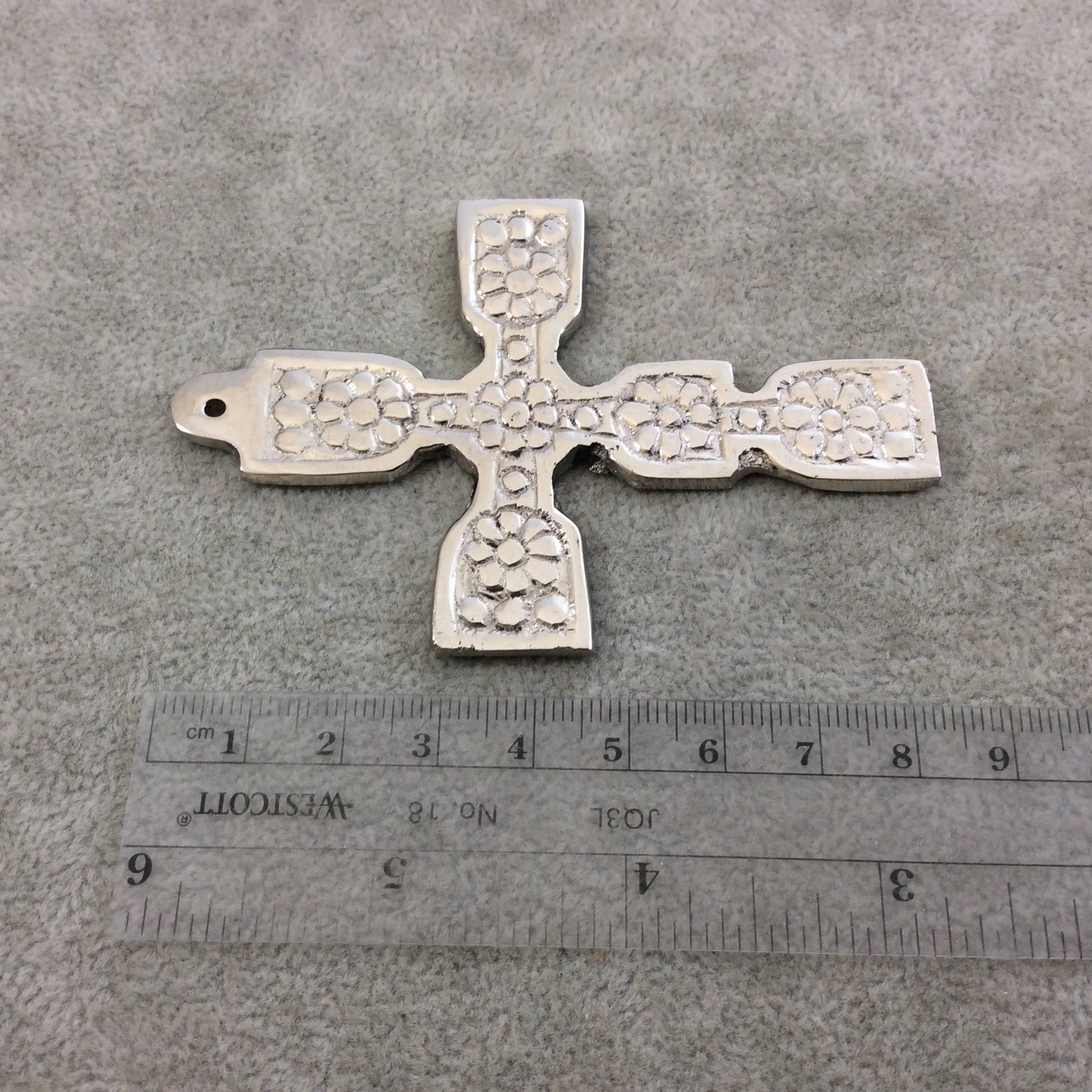 3.5" Heavy Floral Patterned Oxidized Silver Plated Brass Cross Pendant  - Measuring 59mm x 87mm, Approximately - Sold Individually
