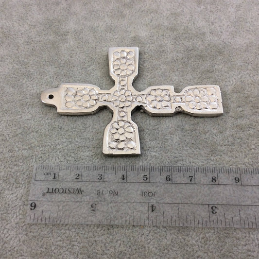 3.5" Heavy Floral Patterned Oxidized Silver Plated Brass Cross Pendant  - Measuring 59mm x 87mm, Approximately - Sold Individually