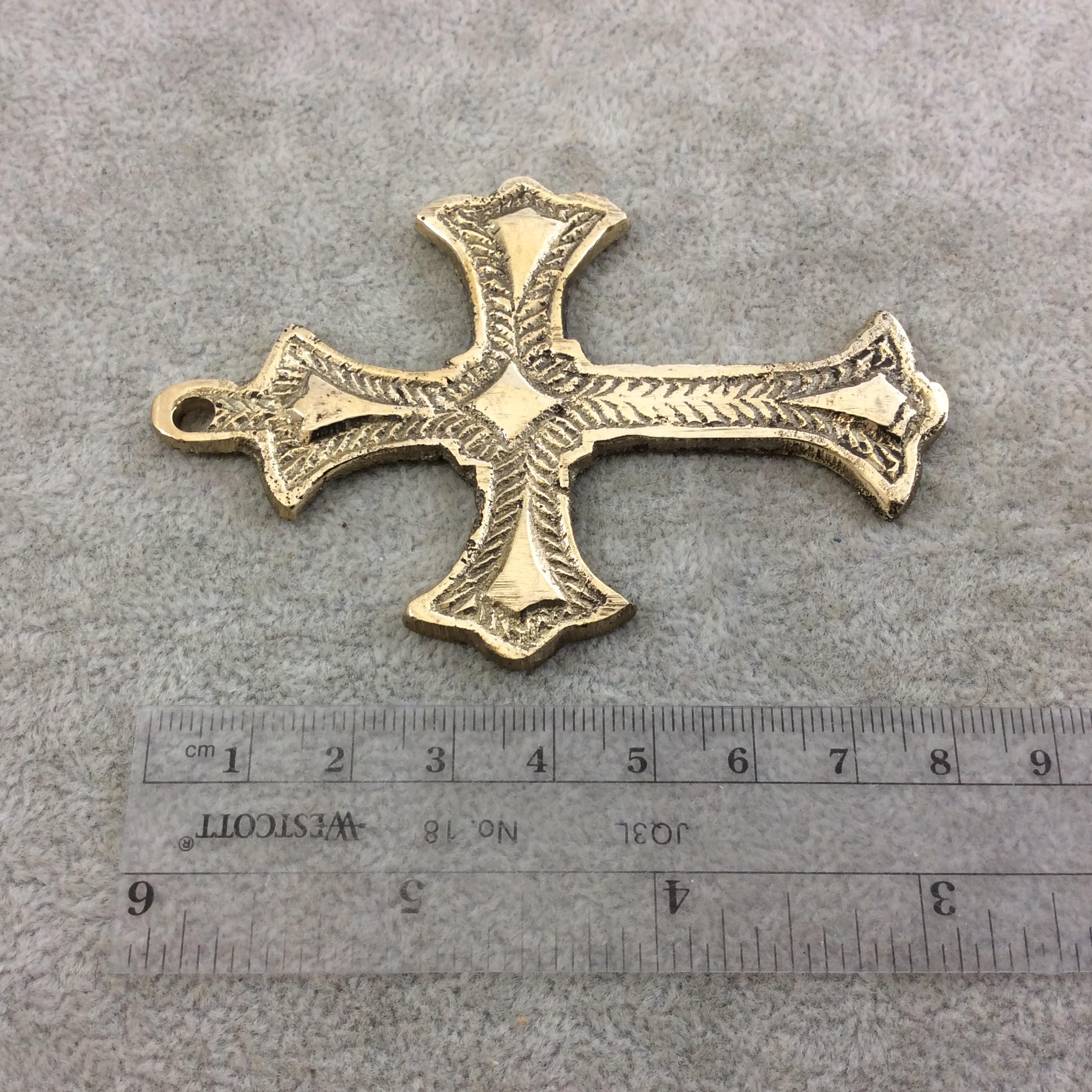 3.5" Heavy Diamond Patterned Oxidized Gold Plated Brass Cross Pendant  - Measuring 48mm x 86mm, Approximately - Sold Individually
