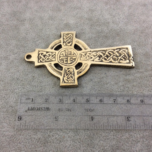 3.5" Heavy Knot Patterned Oxidized Gold Plated Brass Cross Pendant  - Measuring 49mm x 86mm, Approximately - Sold Individually