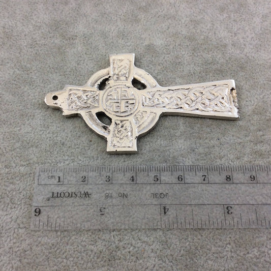 3.5" Heavy Knot Patterned Oxidized Silver Plated Brass Cross Pendant  - Measuring 49mm x 86mm, Approximately - Sold Individually